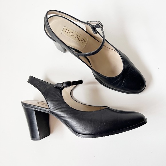 Vintage Shoes - Vintage Mary Jane Slingback Heels Black Leather Block Heel Round Toe 90s Size 8